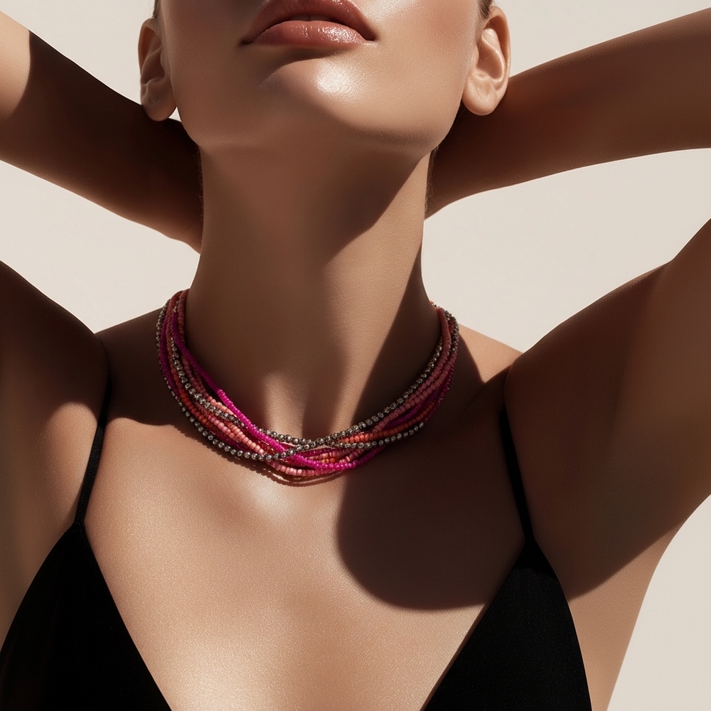 Boho Pink Orange Coral Asjustable Multistrand Beaded Choker With Tassels